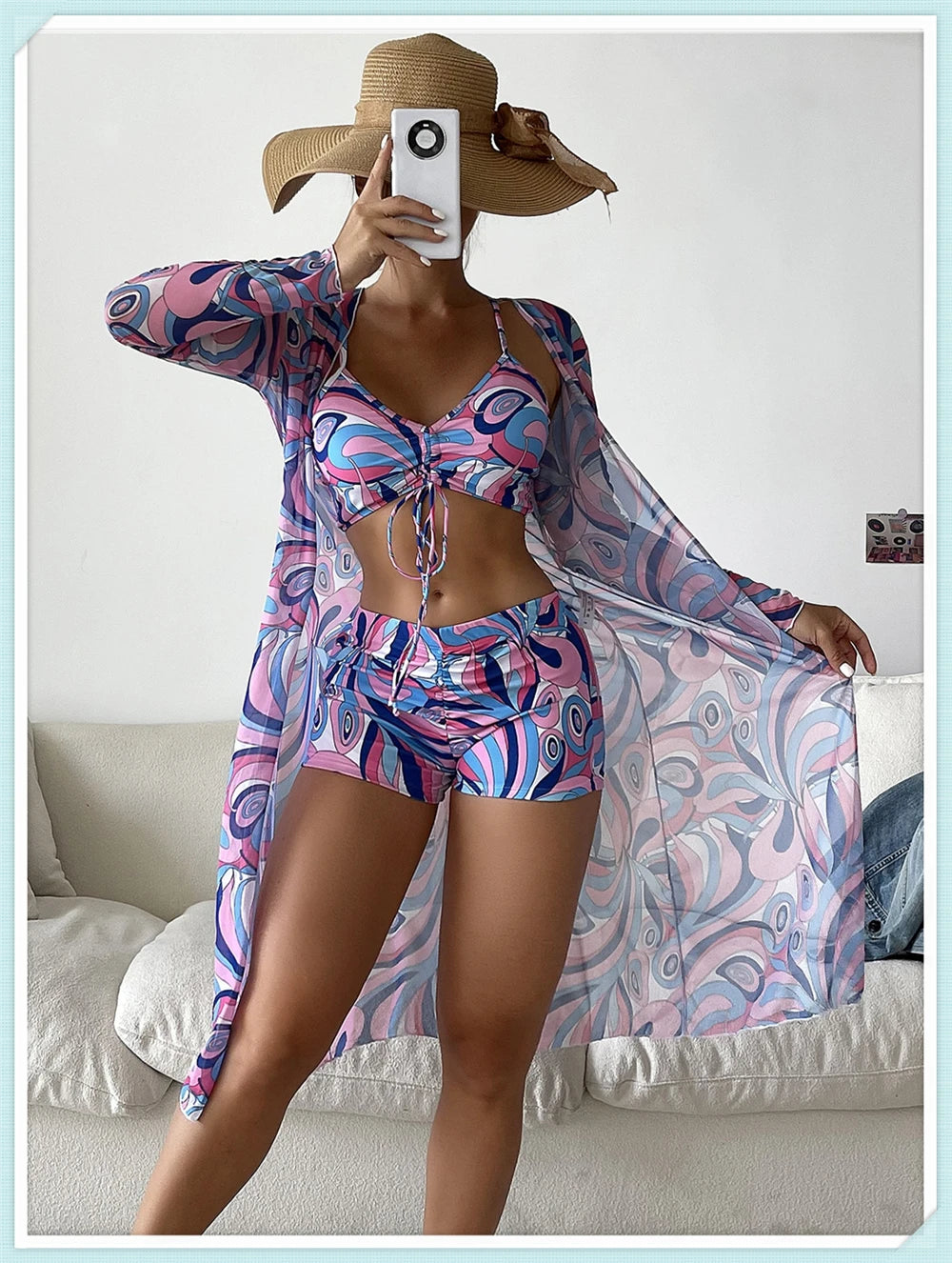 Sexy Printed 3 Piece Bikini Set - High Waist Swimsuit with Cover Up for Women