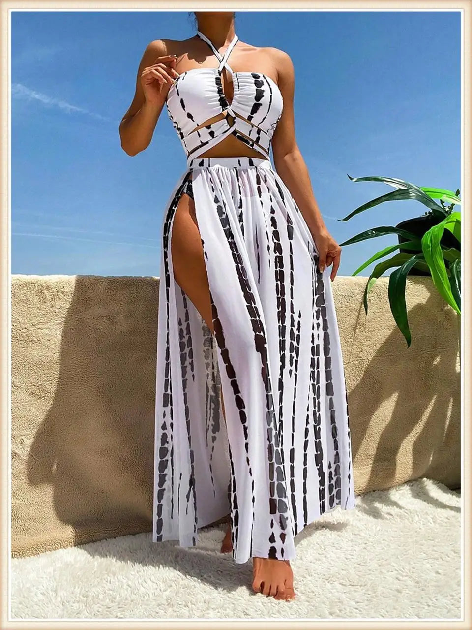 Tie Dye 3 Piece Bikini Set for Women - Cross Halter Swimsuit with Cover Up Pants