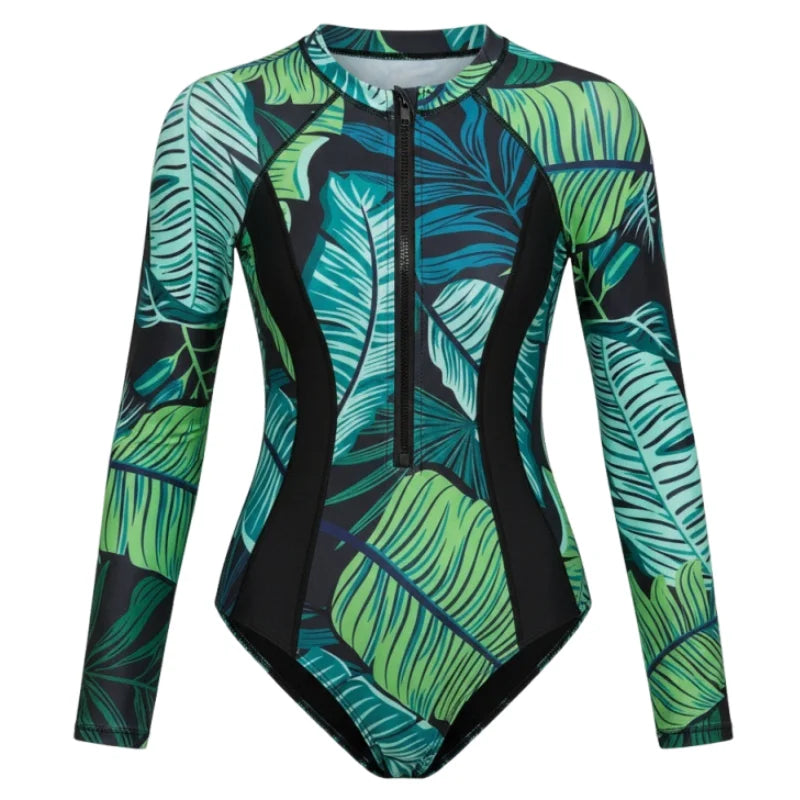 Women's Long Sleeve Tropical Print One Piece Swimsuit | Front Zipper Surf Suit with UV Protection