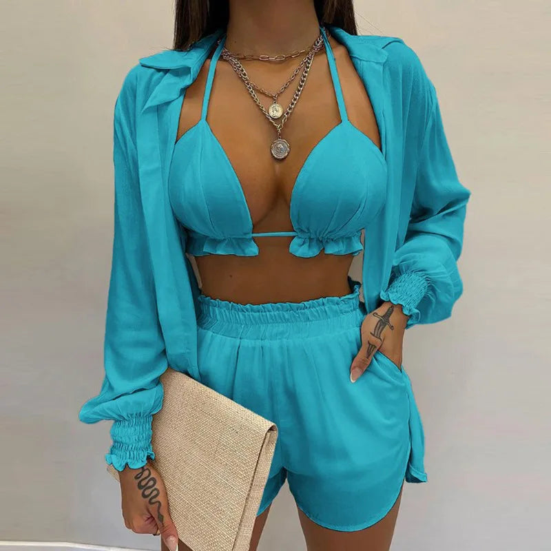 Women's 3-Piece High Waist Bikini Set | Print Swimwear with Shorts Cover Up