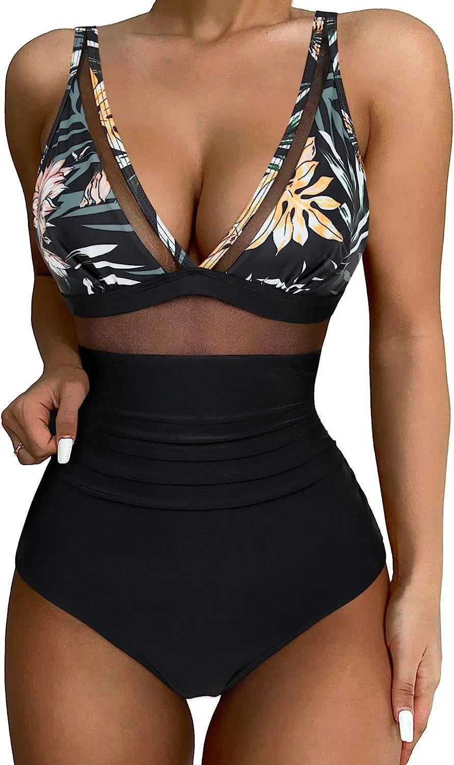 Deep V Neck One Piece Swimsuit - Removable Bra Plain Monokini for Women