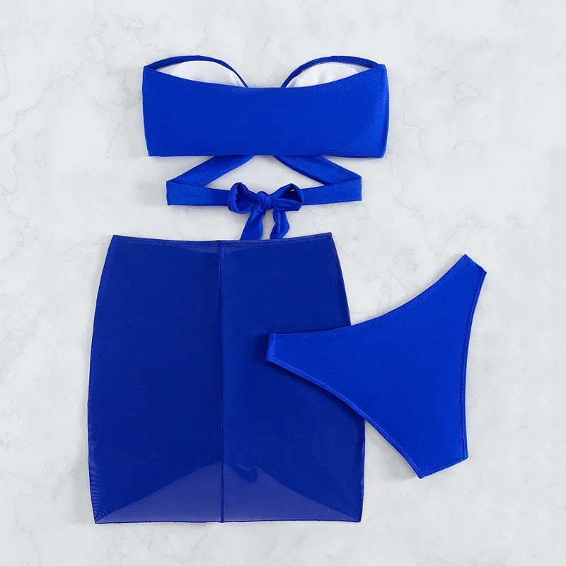 Sexy Blue 3 Piece Bandeau Bikini Set - with Mesh Cover Up for a Brazilian Beach Look