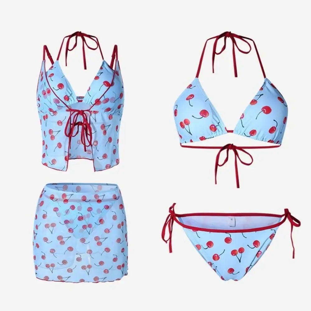 Pure Desire Women's Cherry Print Bikini Set | V-Neck Push Up with Wrap Skirt (4-Piece)