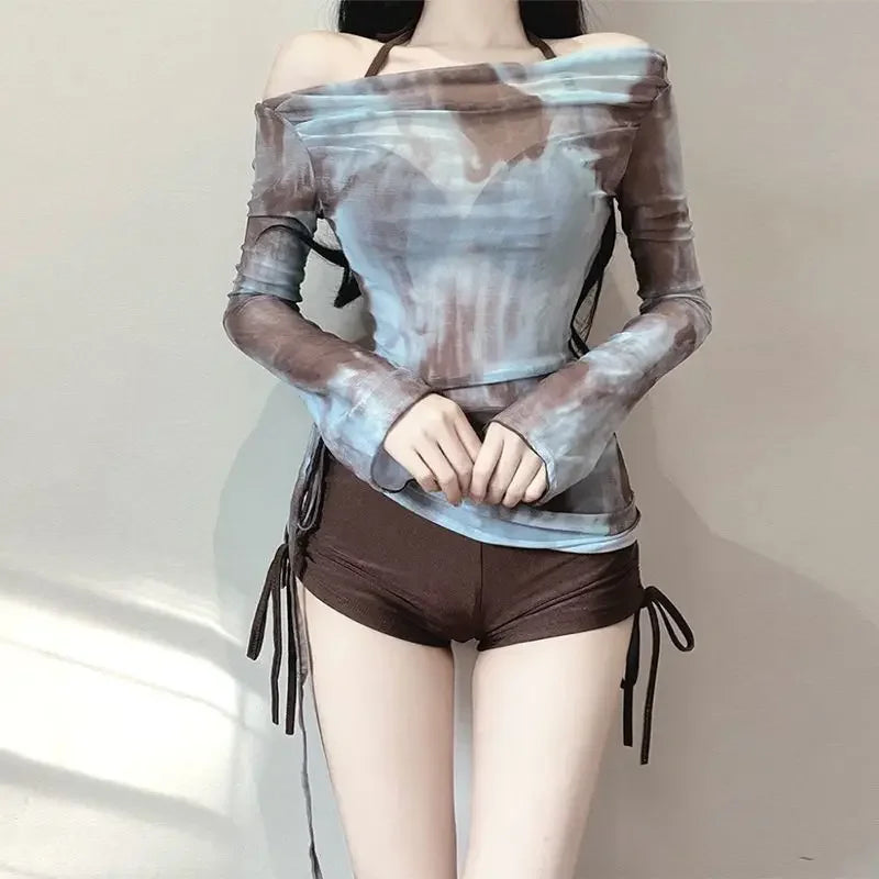 Tie Dye 3 Piece Bikini Set - Mesh Long Sleeve Off Shoulder Swimsuit for Beach