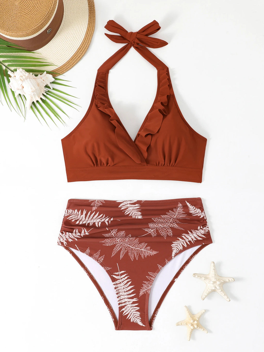 Women's High Waist Bikini Set | Padded Halter Top with Ruffle Trim | Sexy Swimwear