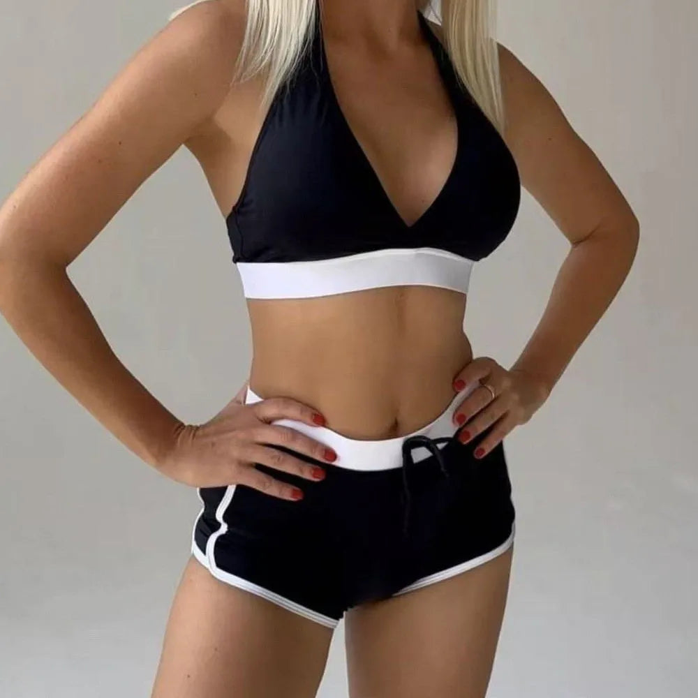 Women's Color Block Halter Bikini Set | Drawstring Shorts & Contrast Waistband Swimwear