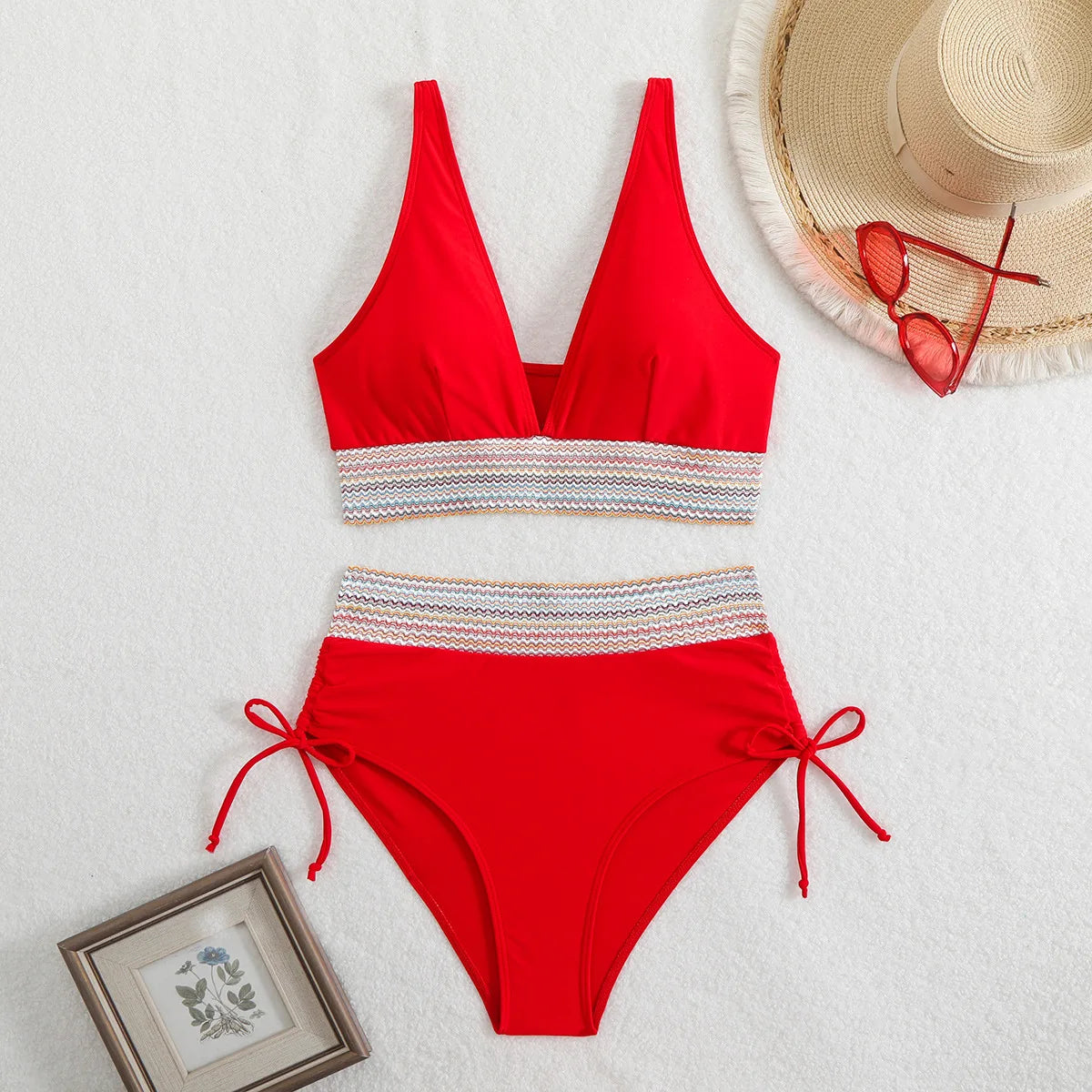 Solid Color Drawstring Bikini Set - High Waist Patchwork Separate Swimwear for Women