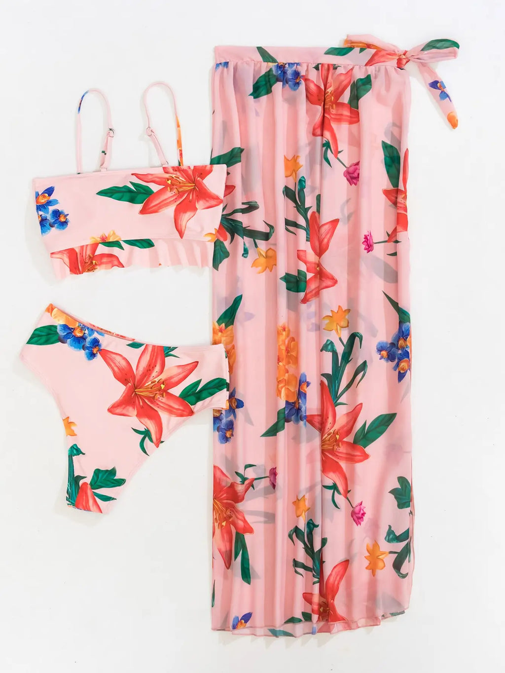 Floral Print 3 Piece Bikini Set - Knot Front Ruffle Swimsuit with High Waist Skirt