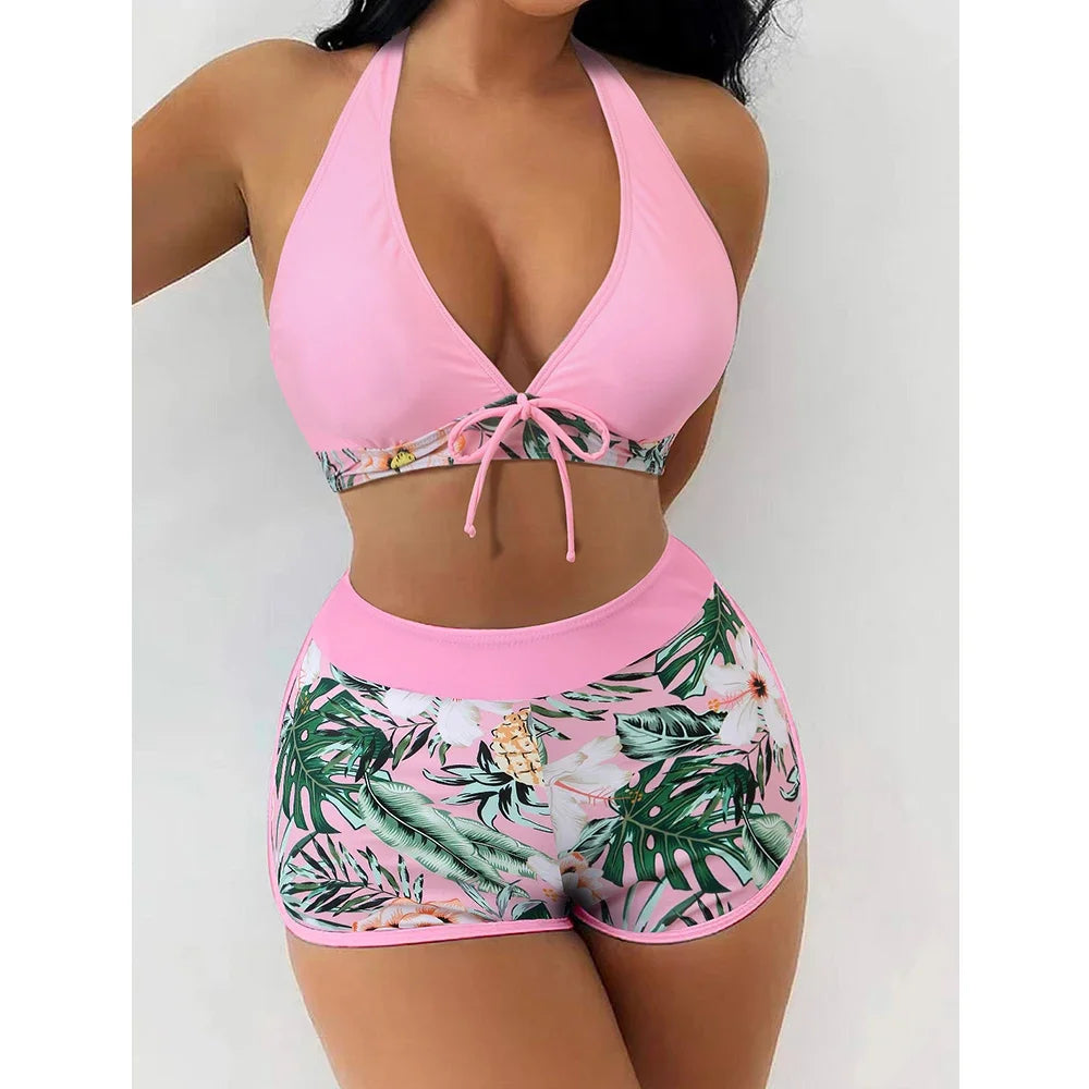 Color Block Sports Bikini Set - Women's Sexy Hanging Neck Cross Split Swimwear for Beach
