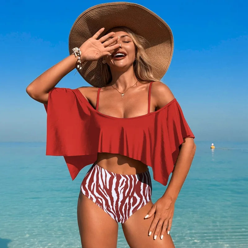 Women's Ruffle High Waist Bikini Set | Ruffle Top & Printed Shorts for Summer Beach