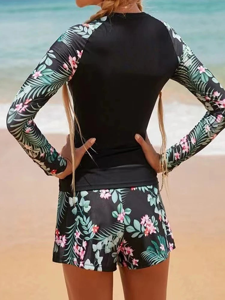 Women's Long Sleeve Tankini Swimwear Set - High Waist Boxer Shorts 2 Piece Beachwear