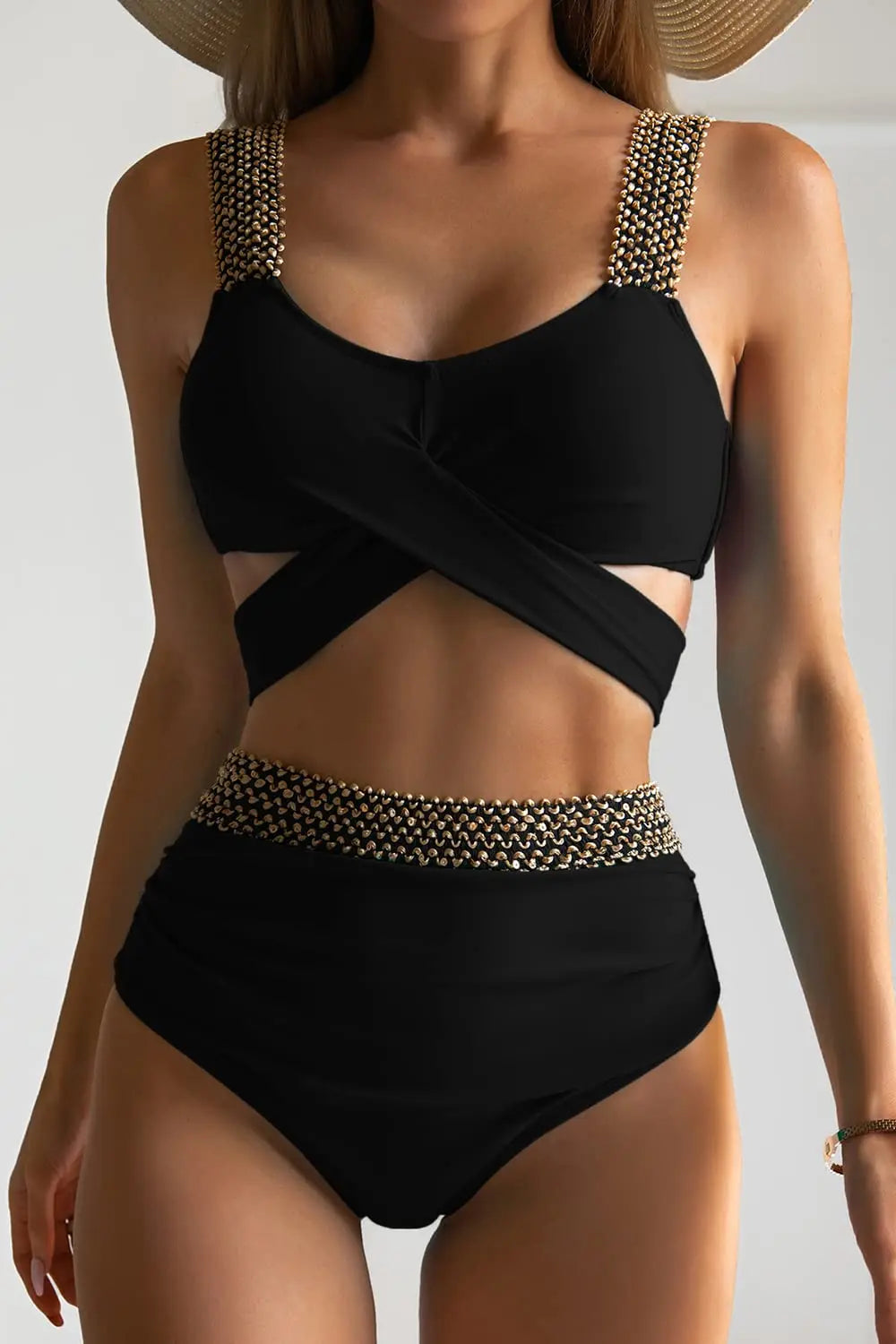 Black Cross High Waist Bikini Set - Solid Swimsuit for Women | 2025 Summer Beachwear