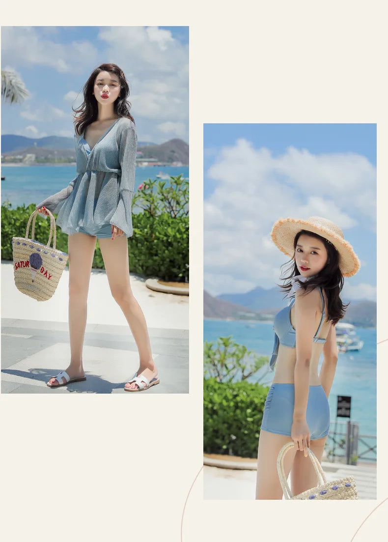 Mother-Daughter Matching Swimsuit Set | Long Sleeve Sun Protection Cover Up & Bikini 3-Piece