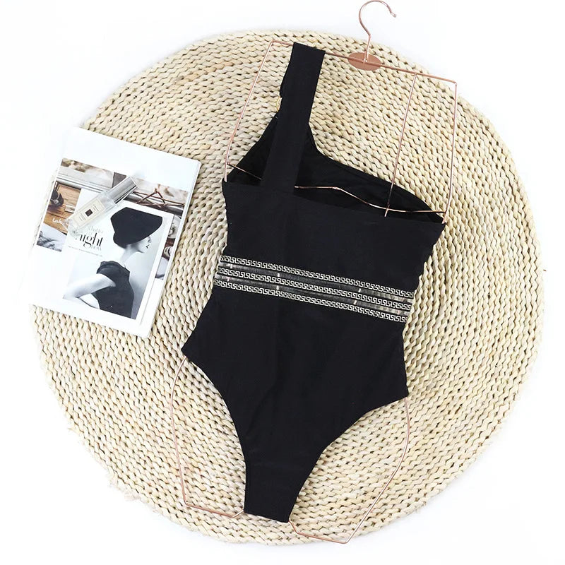 Vintage One Shoulder One Piece Swimsuit - Black Monokini Bathing Suit