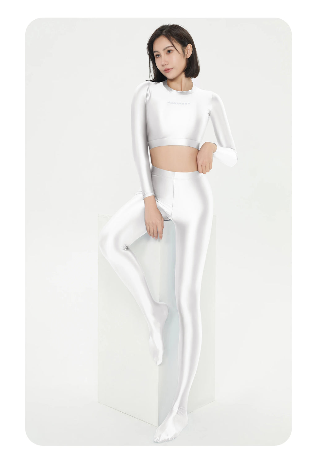 Women's Satin Long Sleeve Swim Top & Tights Set - Exposed Belly Activewear for Beach