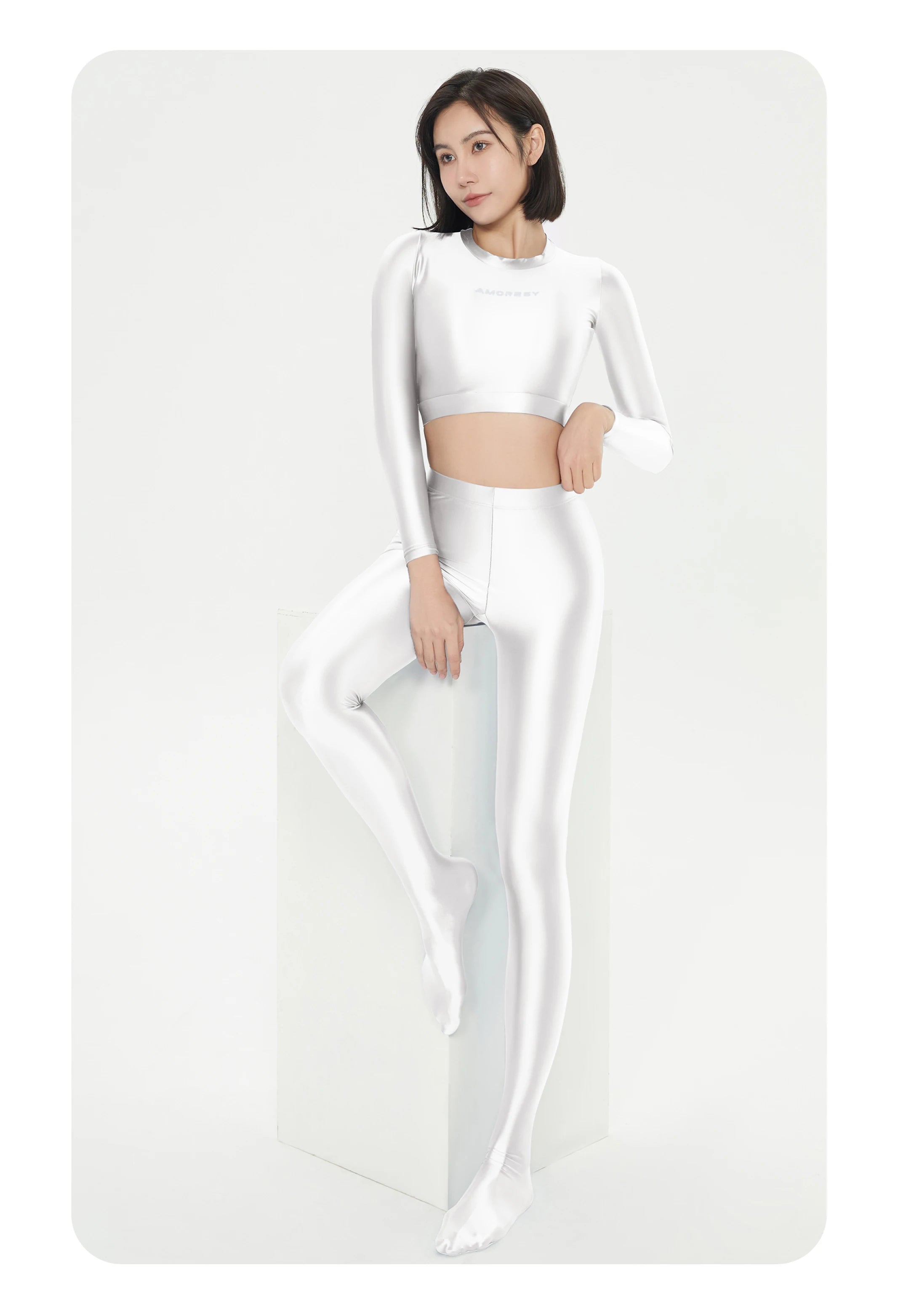 Women's Satin Long Sleeve Swim Top & Tights Set - Exposed Belly Activewear for Beach