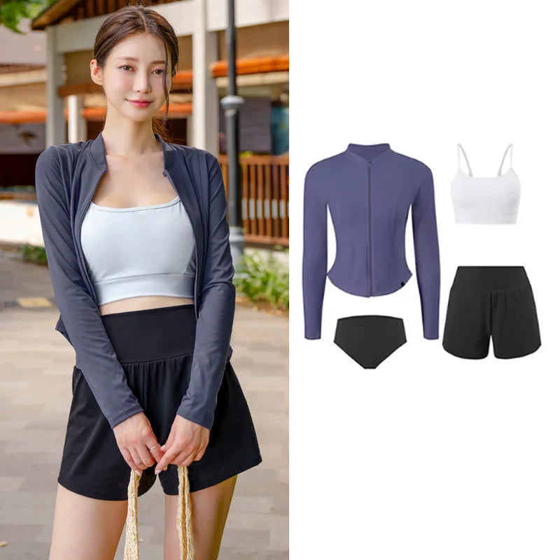 Women's 4-Piece Rash Guard Set | UV Protection Quick Dry Zipper Swimwear