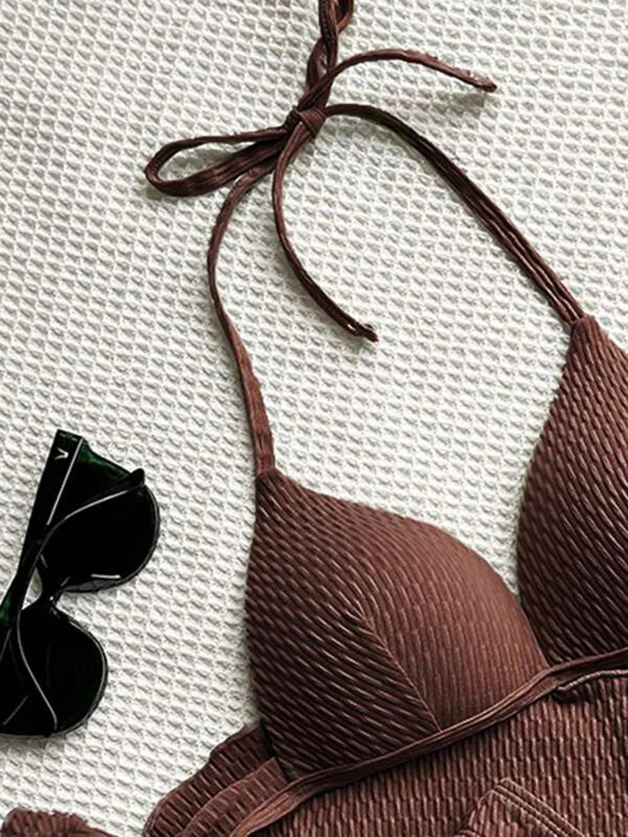 Women's 3-Piece Wrinkled Bikini Set | Push Up Swimwear with Beach Sarong