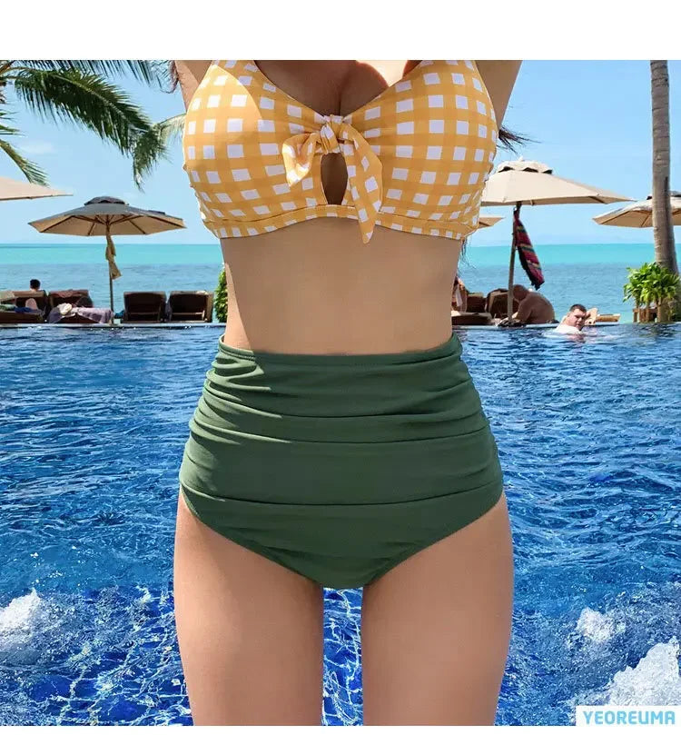 Women's High Waist Strap Bikini Set | Gathered Top with Slimming Fit