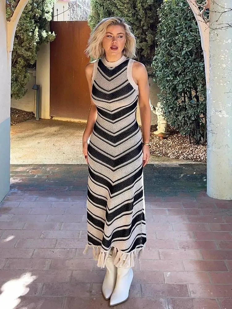 Knitted Beach Cover Up Dress - Elegant Striped Long Dress with Tassels | Boho Holiday Outfit