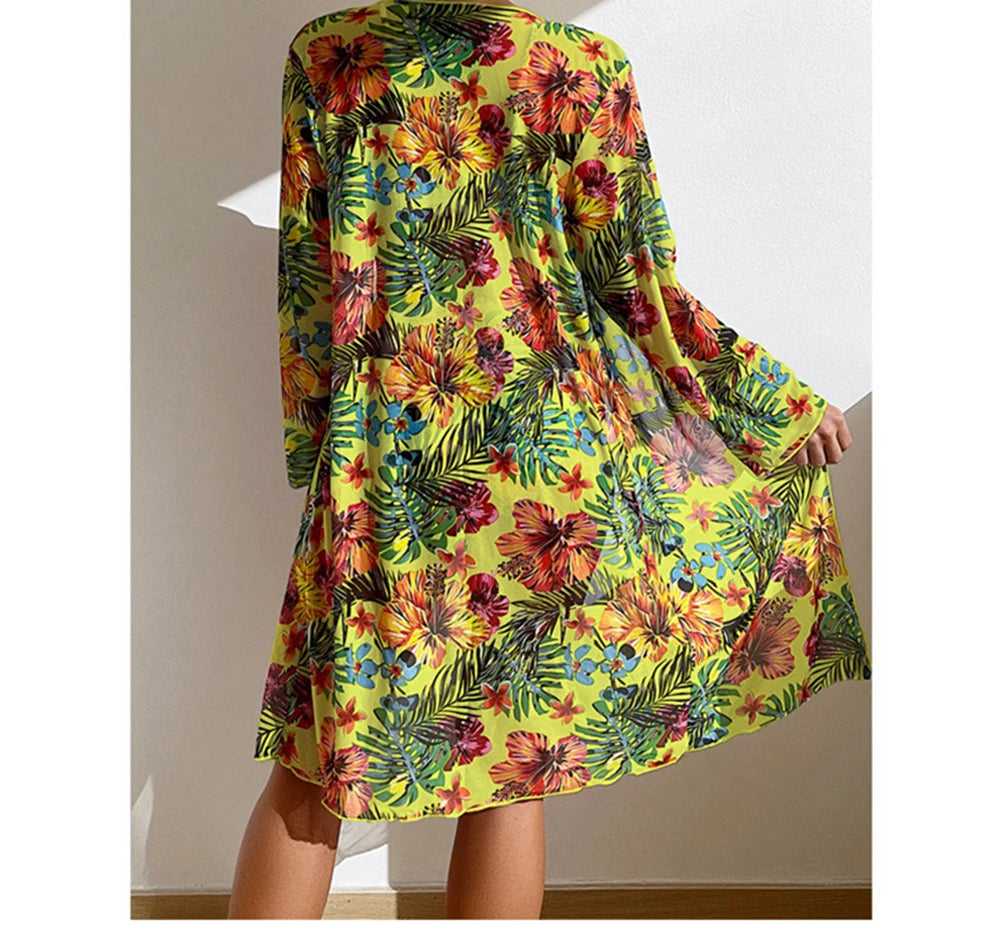 Floral Print 3 Piece Bikini Set with Mesh Blouse - Long Sleeve High Waisted Swimsuit