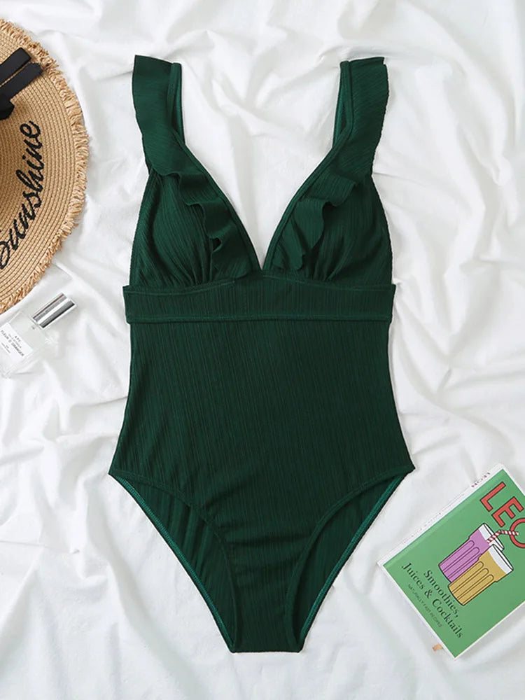 Women's Ruffle One Piece Swimsuit | V-Neck Backless Swimwear with Padded Bra