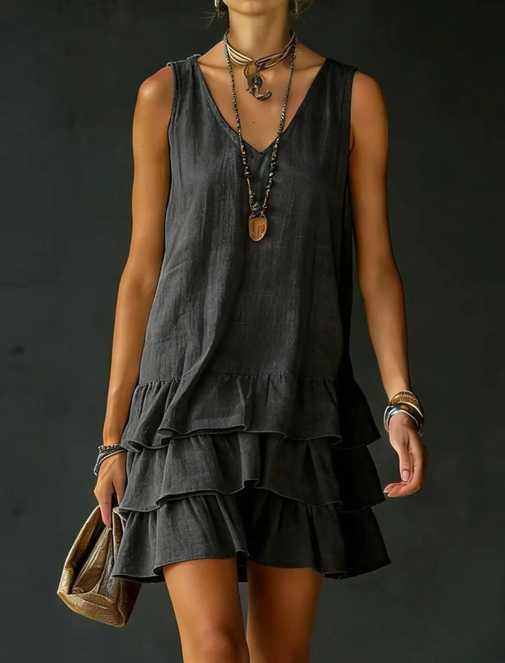 Women's V-Neck Sleeveless Solid Dress | Loose Ruffle Hem Casual Summer Wear
