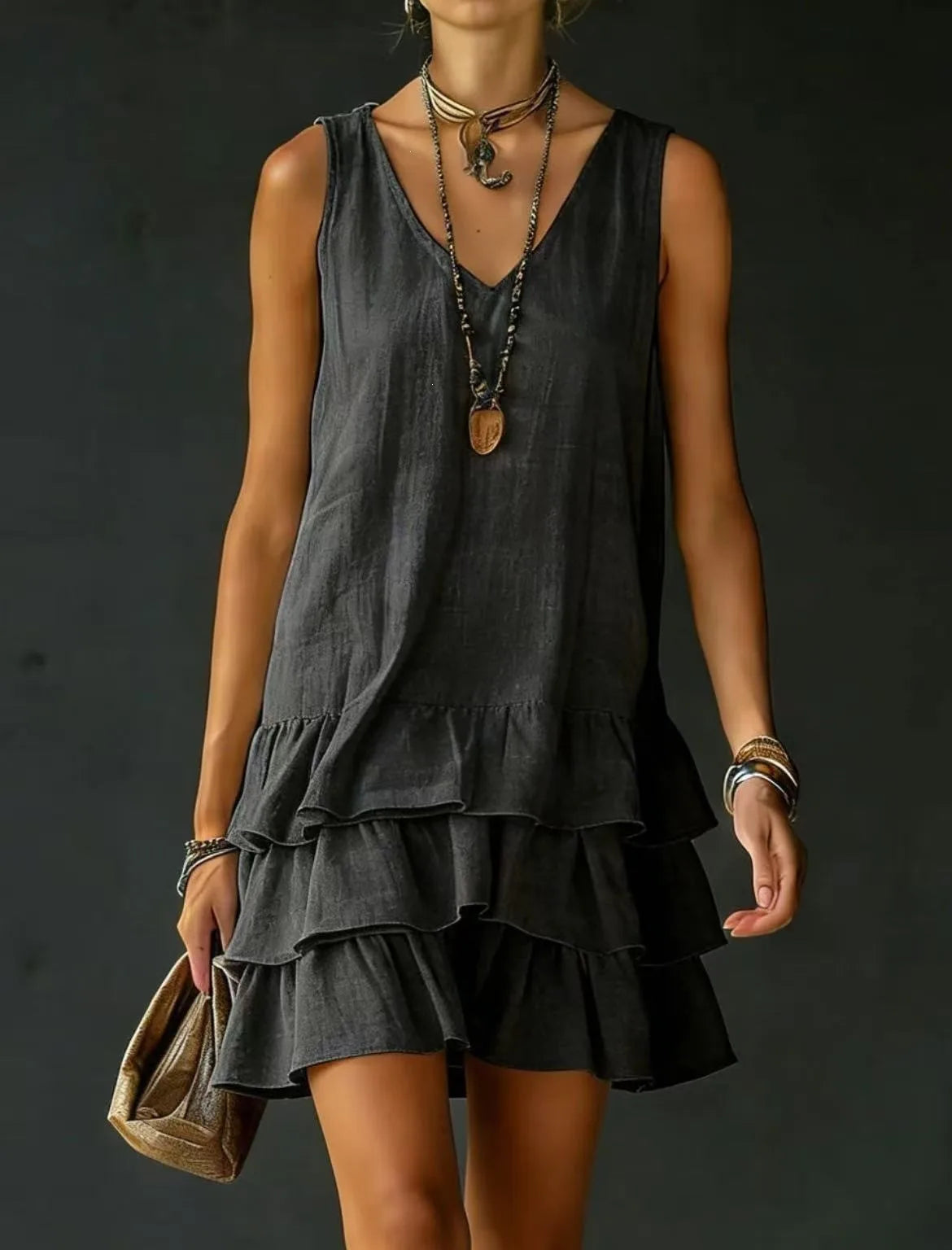 Women's V-Neck Sleeveless Solid Dress | Loose Ruffle Hem Casual Summer Wear