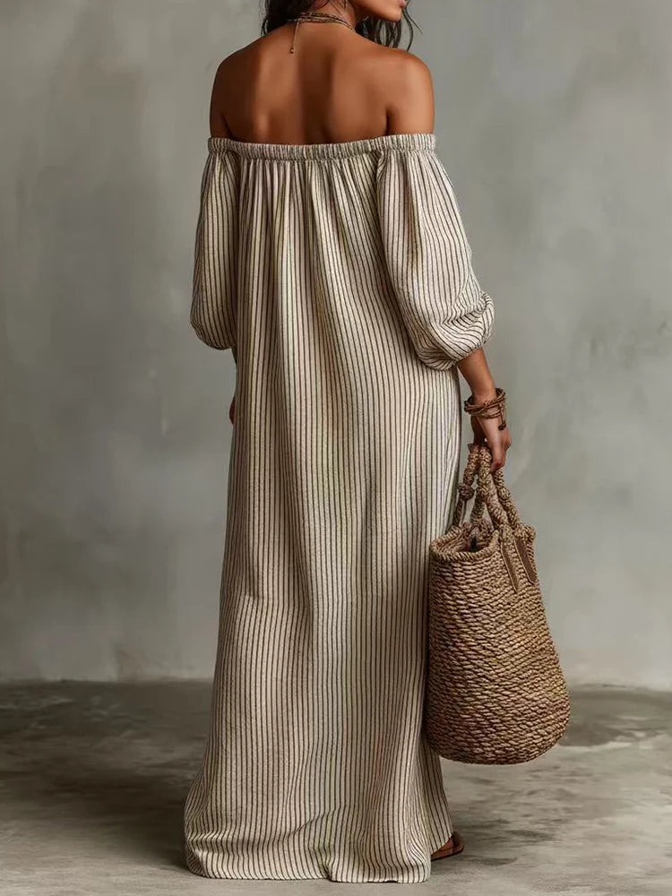Women's Striped Patchwork Maxi Dress | Slash Neck Elegant Summer Party Wear