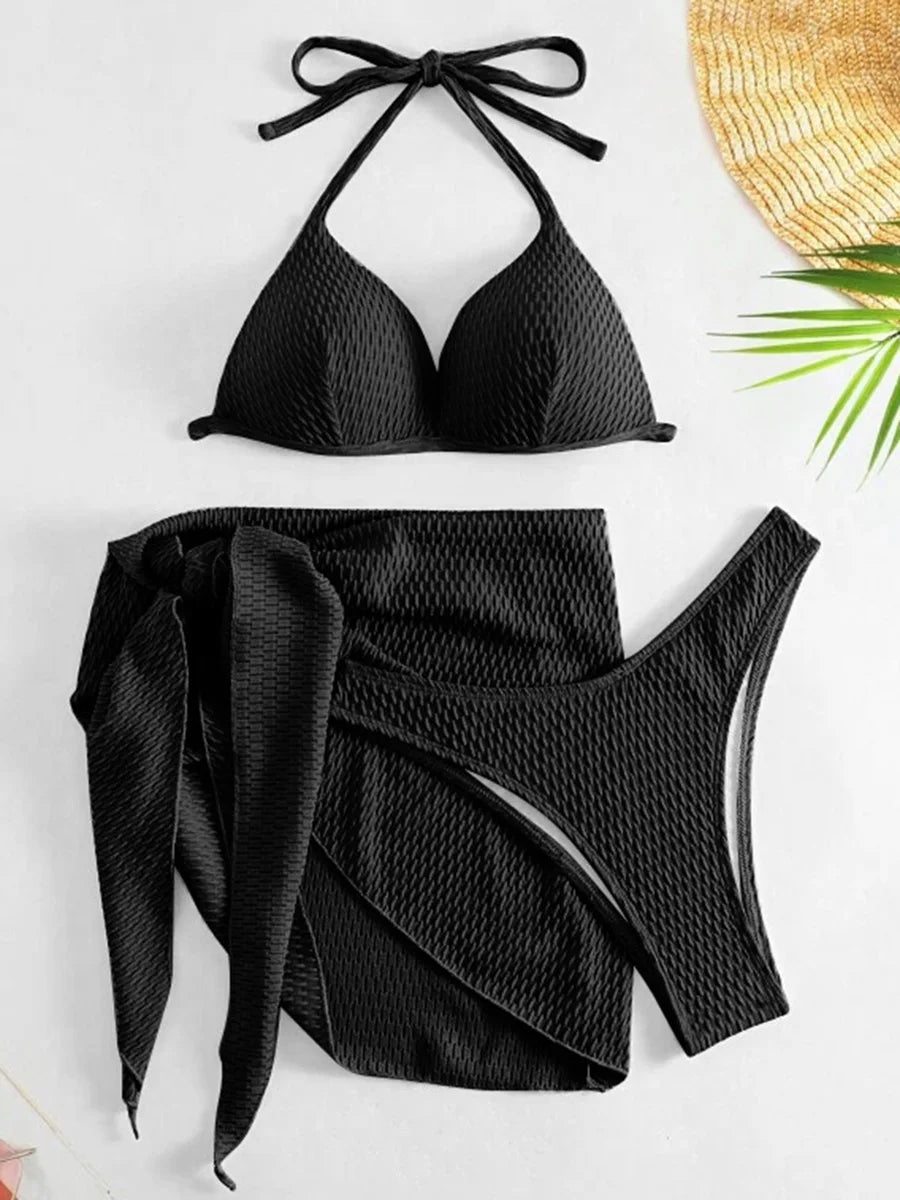 Women's 3-Piece Wrinkled Bikini Set | Push Up Swimwear with Beach Sarong