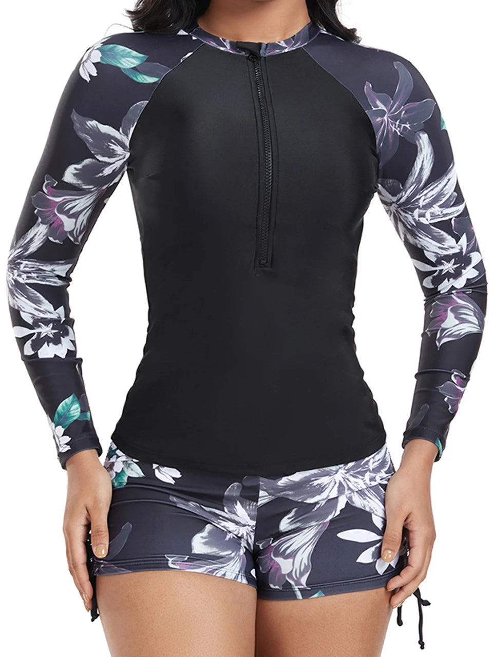 Women's 2 Piece Print Swimsuit - Long Sleeve Zipper Top for Surfing & Sport Diving