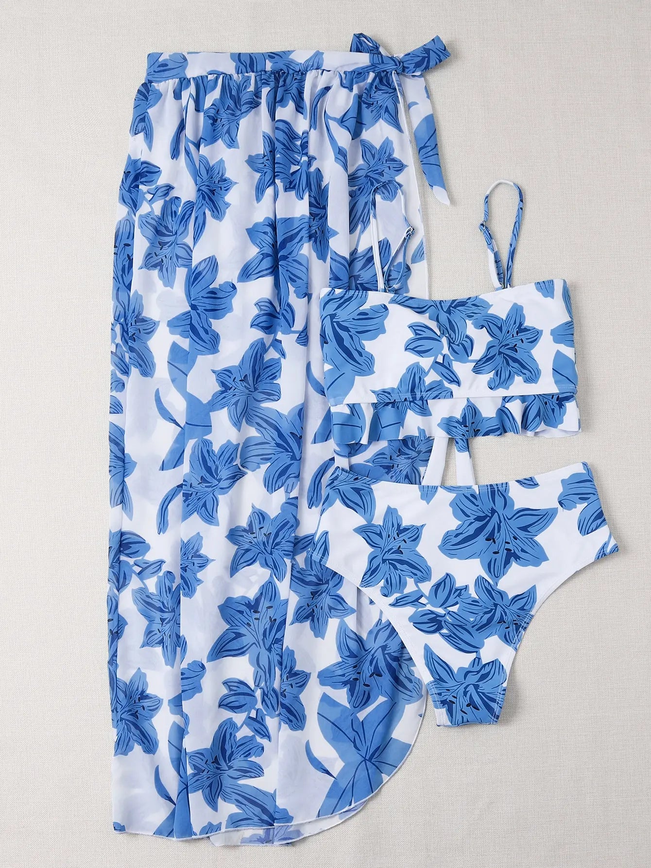 Floral Print 3 Piece Bikini Set - Knot Front Ruffle Swimsuit with High Waist Skirt