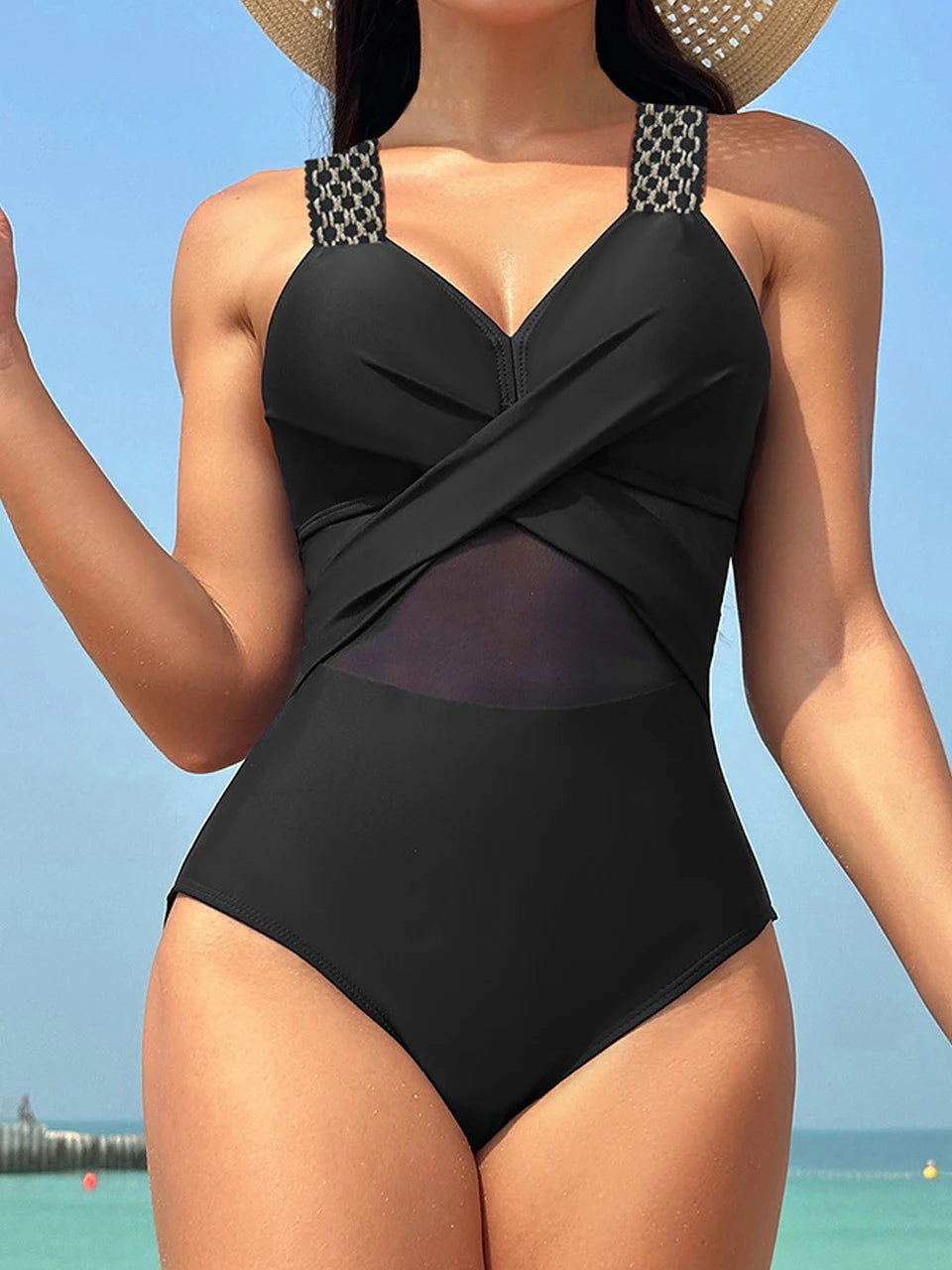 Women's Ruched One Piece Swimsuit - Plain Ring Link Design Swim Bodysuit for Beach