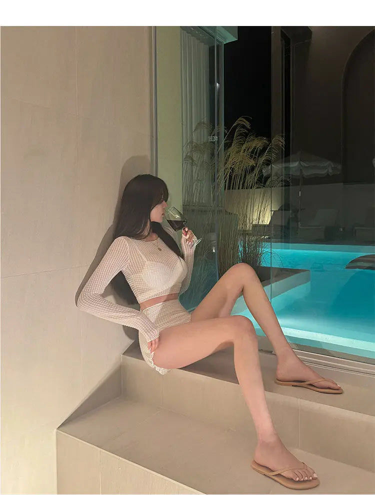Women's High Waist Bikini Set | Korean Style Swimwear with Long Sleeve Cover Up