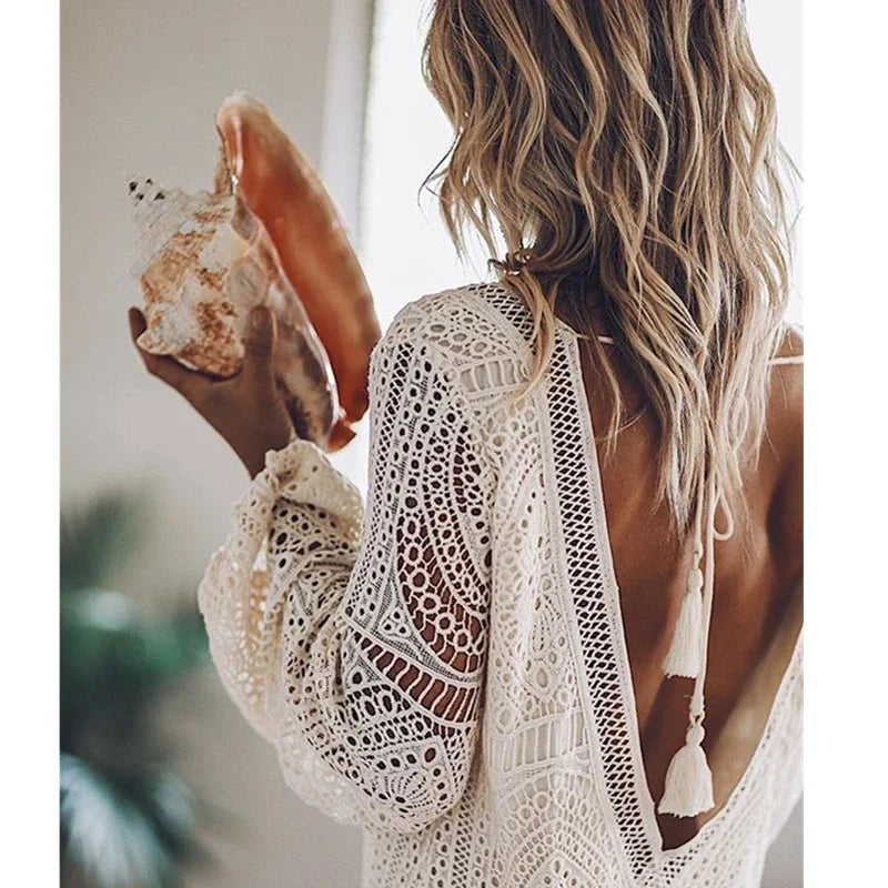 Boho White Beach Dress - Hollow Out Backless Deep V Neck with Lace Up & Tassels