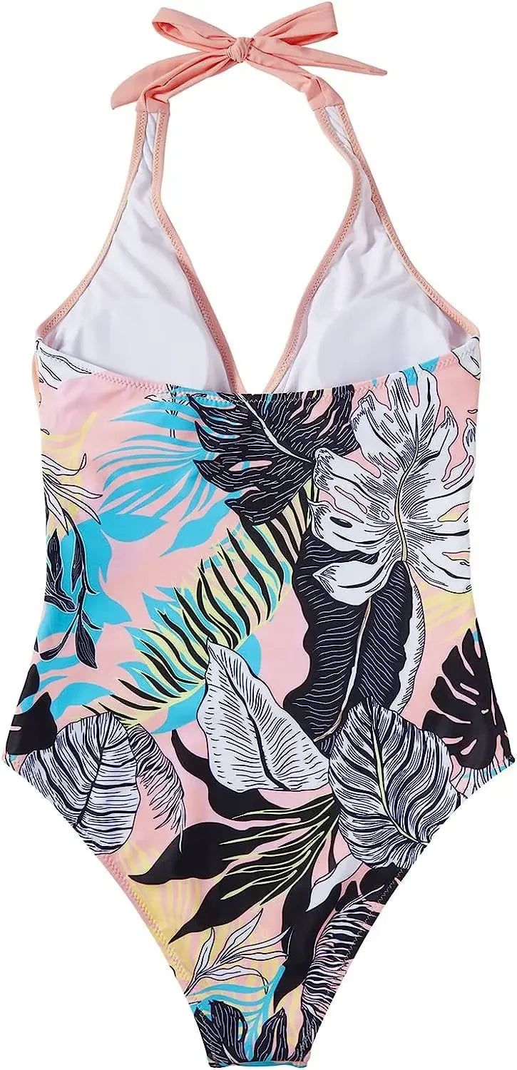 Women's Wrinkled Halter One Piece Swimsuit | V Neck Backless Monokini S-XXL