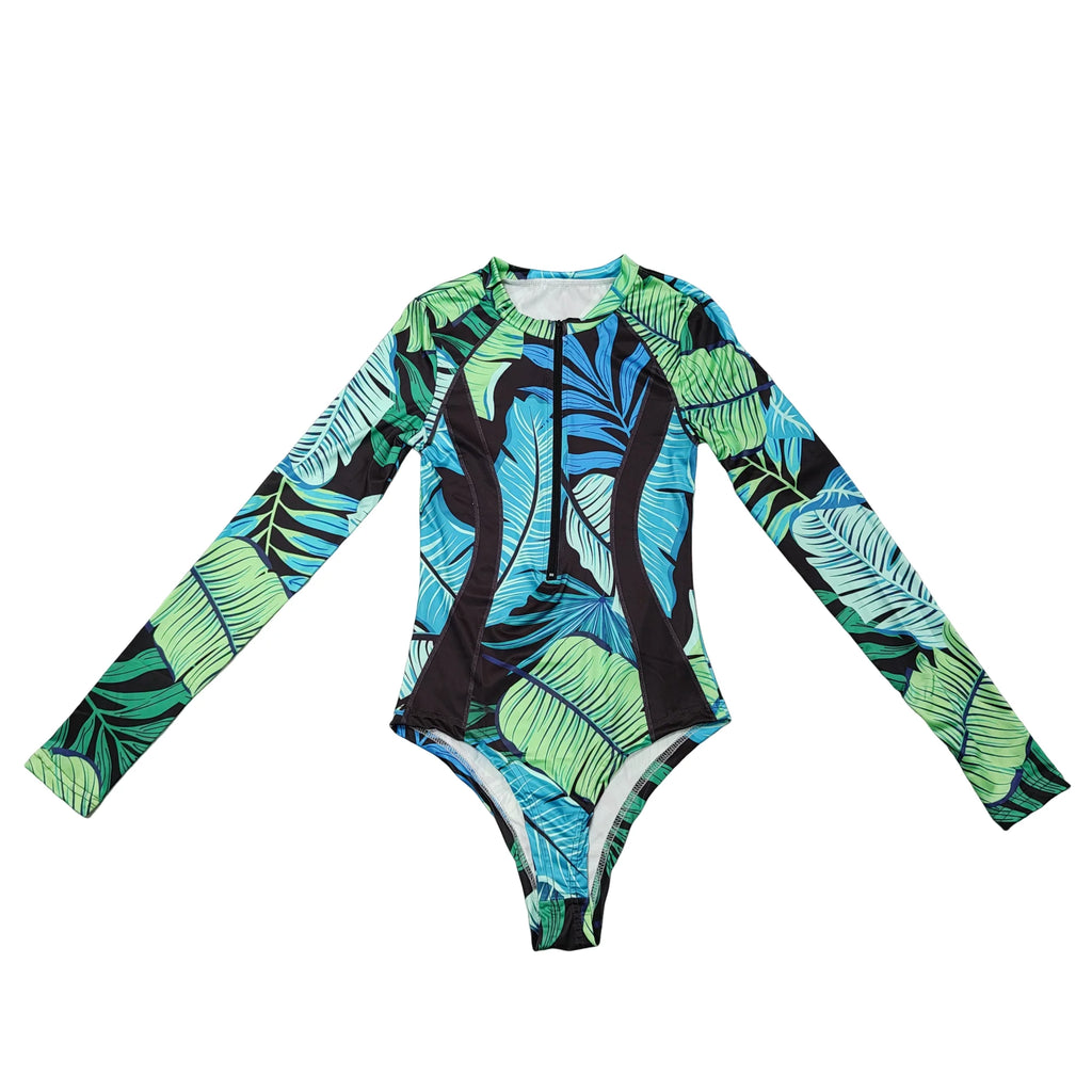 Women's Long Sleeve Tropical Print One Piece Swimsuit | Front Zipper Surf Suit with UV Protection