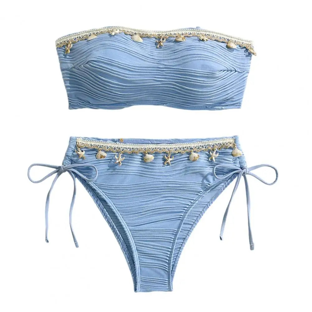 Women's Solid Tube Top Bikini Set | High Waist Swimsuit with Shell Decor
