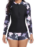 Women's 2 Piece Print Swimsuit - Long Sleeve Zipper Top for Surfing & Sport Diving