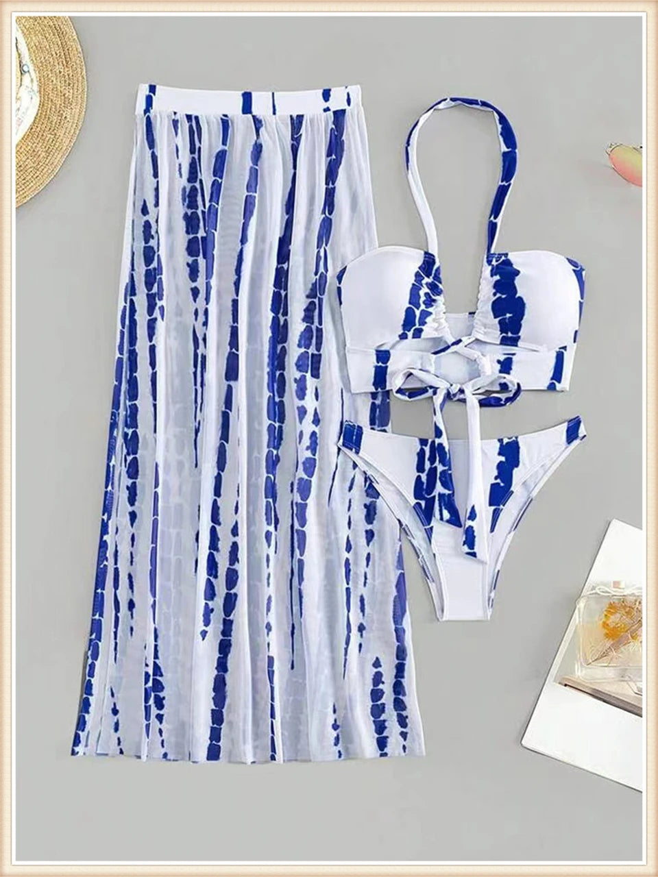 Tie Dye 3 Piece Bikini Set for Women - Cross Halter Swimsuit with Cover Up Pants