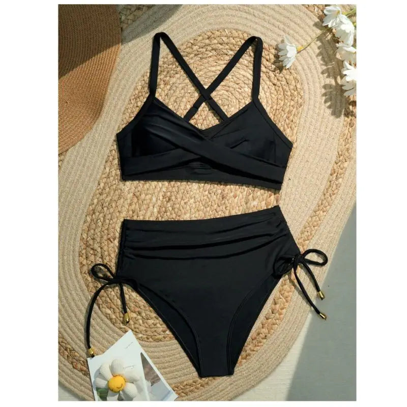 CIKINI Women's High Waist Criss-Cross Bikini Set | Metal Pendant & Adjustable Drawstring