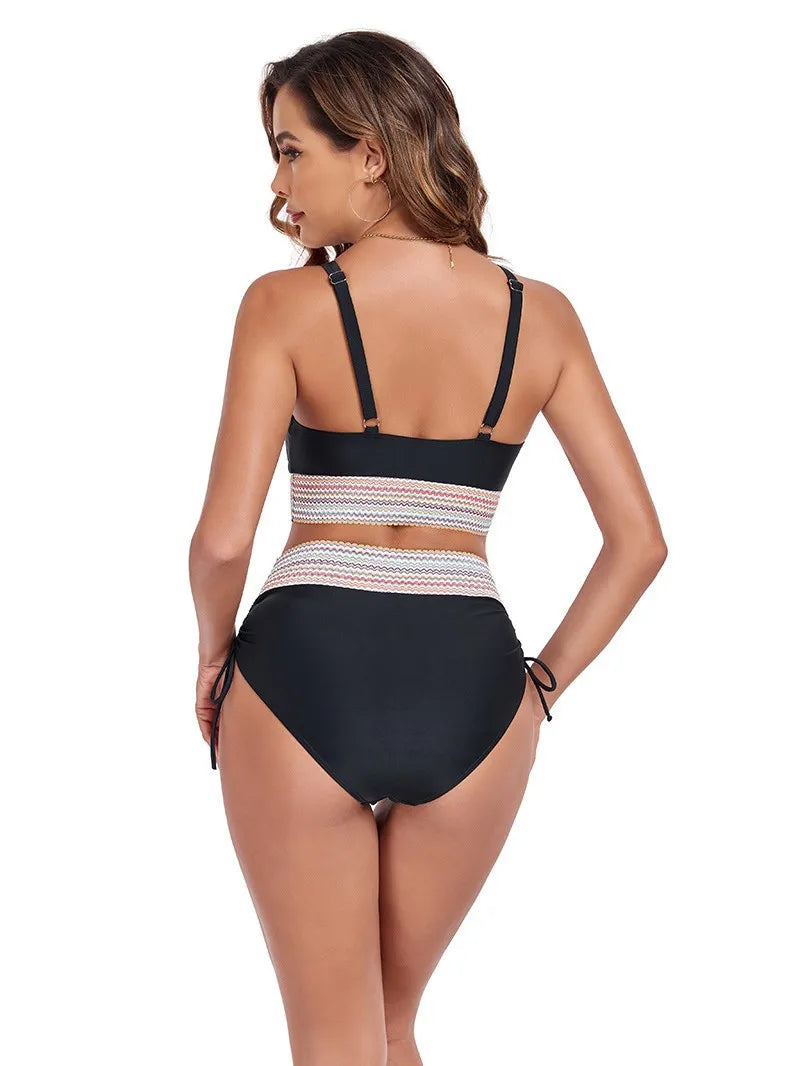Solid Color Drawstring Bikini Set - High Waist Patchwork Separate Swimwear for Women