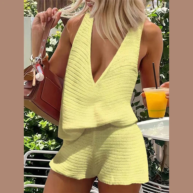 Women's Knitted Beach Set | Deep V-Neck Lace Up Vest & Shorts
