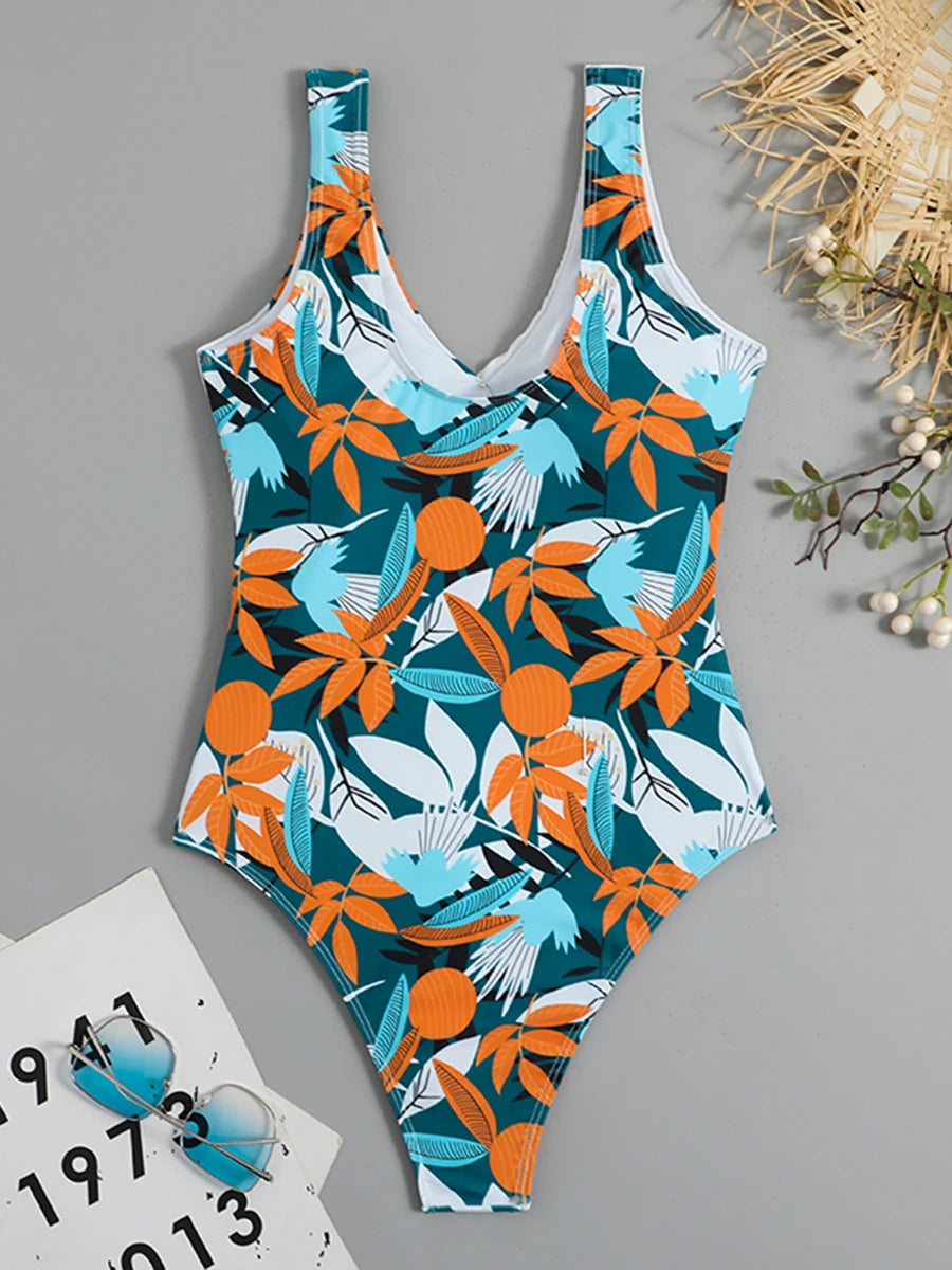 Tropical Print One Piece Swimsuit - Knot Side Belted & Padded Bathing Suit for Women