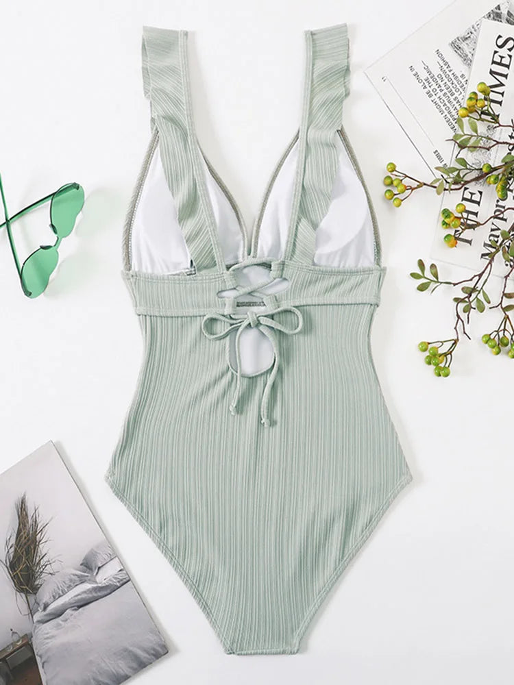 Women's Ruffle One Piece Swimsuit | V-Neck Backless Swimwear with Padded Bra