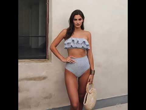 ZerZerOne Women's Striped Ruffle Bikini Set | High Waist Bandeau Push Up Swimwear