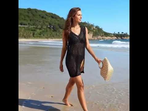 Crochet Beach Cover Up Dress - Sexy Deep V-Neck with Side Slit & Hollow Out