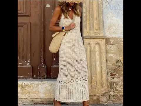 Elegant V-Neck Beach Cover Up Dress - Sexy Hollow Out Knitted Long Dress