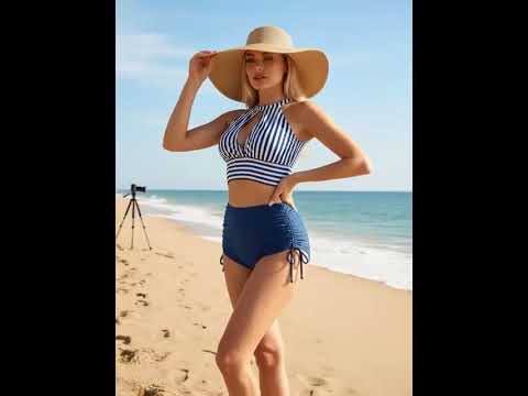 Striped Hollow Out Bikini Set - Halter High Waist Swimsuit for Women | 2025