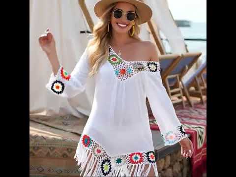 White Crochet Bikini Cover Up | Fringe Trim Tunic Beach Dress for Women